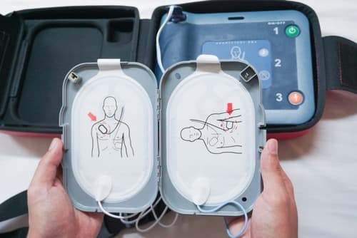 Automatic,External,Defibrillator.,Portable,Defibrillator,On,A,Wooden,Table.,Defibrillator aed pads and aed batteries
