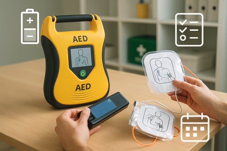 aed-battery-pad-replacement-guide-uk-defibsupplies (1) Close-up of AED battery and pad replacement in a UK first aid room, showing hands swapping parts for device maintenance.