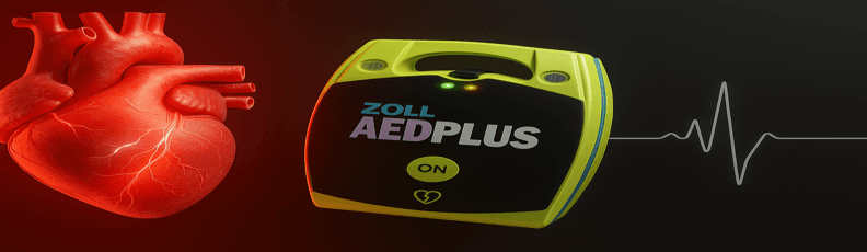 vital-heart-aeds-banner-resized ZOLL AED Plus defibrillator beside 3D heart and ECG waveform, highlighting heart health and cardiac arrest survival.