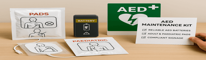 aed-maintenance-kit-pads-battery-signage-defib-supplies.png Complete AED maintenance kit with adult and paediatric pads, AED battery, and compliance signage on a wooden surface