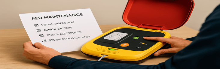 defibrillator-maintenance-checklist-uk-businesses.png Person conducting AED maintenance check with checklist and yellow defibrillator, demonstrating proper workplace defibrillator upkeep.